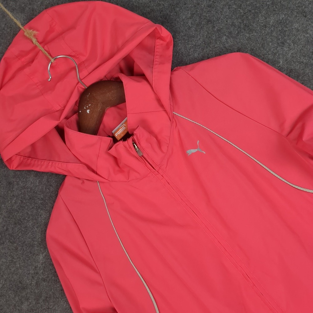 Puma Womens Pink Hooded Windbreaker Full Zip‎ Running Jacket Size S Reflective